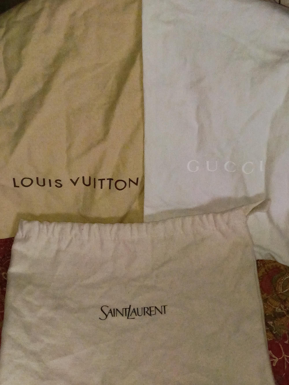 Louis Vuitton Gucci St Laurent Beige and Cream Dust Bag Trio